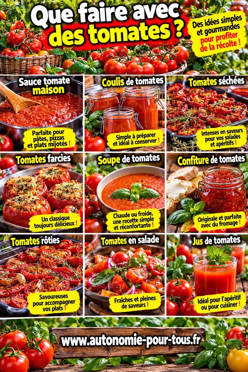 AutonomieReel's tweet photo. #Tomates #Potager #Cuisine 🍅 Une montagne de tomates ? Transformez-la ! La récolte déborde ? C’est le moment de varier les plaisirs : sauce tomate, coulis, tomates séchées, soupe, confiture ou simplement une belle salade. De quoi profiter de ses tomates bien au-delà de la récolte. https://t.co/e4kBUFYw5g