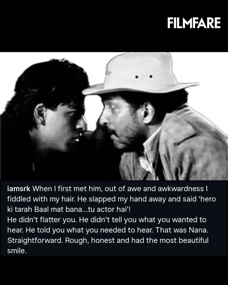 filmfare's tweet photo. "Too soon my hero": In a heartfelt note, #ShahRukhKhan bids an emotional adieu to veteran actor #NanaPatekar. 🕊

#Celebs https://t.co/wgXyzlRwRz