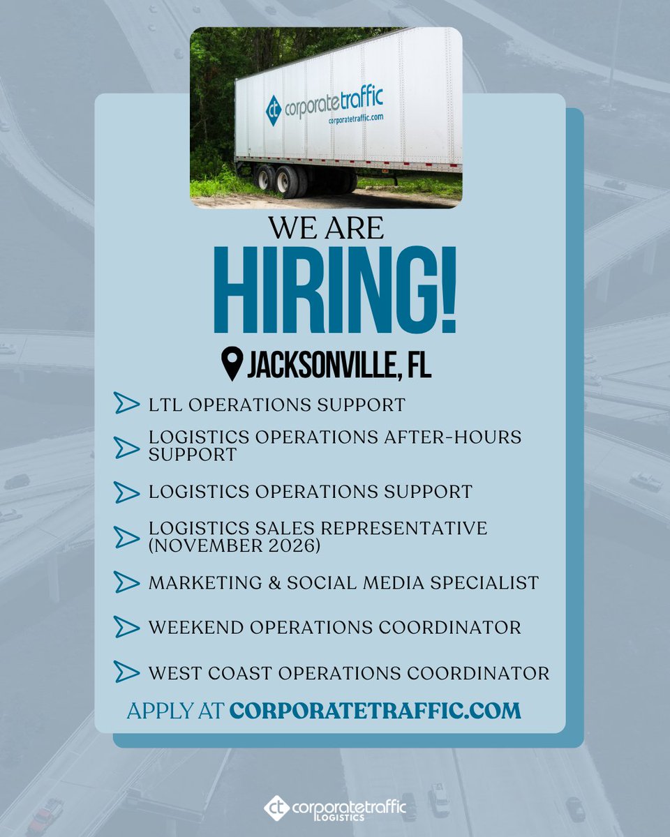 CorpTrafficLog's tweet photo. 🚨Jacksonville!🚨
💼 Ready to join a team that #NeverSettles?
🔗Explore our open positions and apply today at https://t.co/jp4ohDlTaT!
#NowHiring #JacksonvilleJobs #CorporateTrafficLogistics #JoinOurTeam #NeverSettle #CareerOpportunities https://t.co/F2622Ej9y2