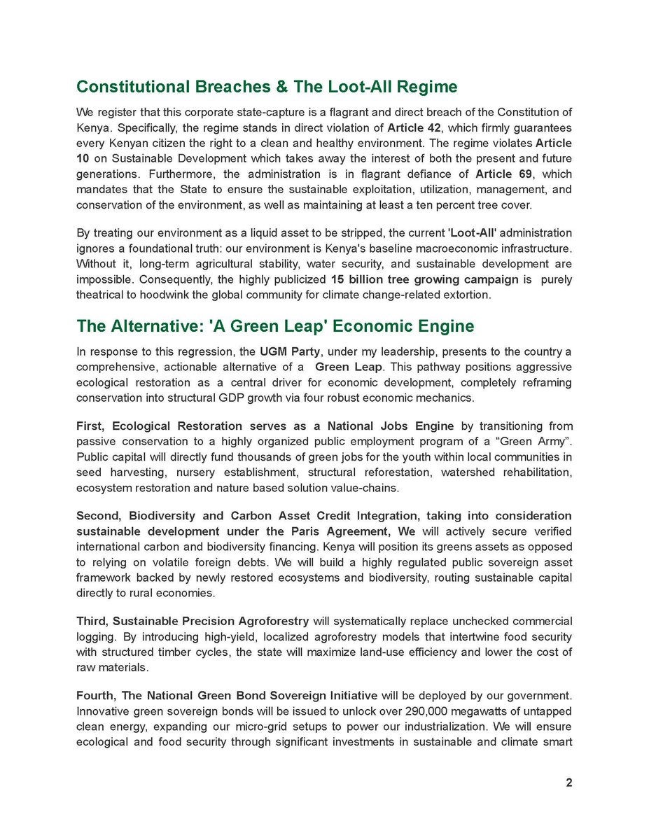 UGMParty's tweet photo. Why is President Ruto's government obsessed with destroying our forests and ecosystems?

Fellow Kenyans,  a @dkmaraga presidency offers a different path for economic development: a Green Leap.

Read the full statement below; https://t.co/Vc54GsAZEf