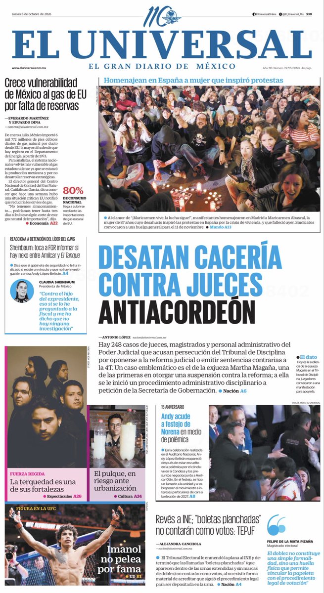 npensamiento's tweet photo. Buenos días. Es jueves 8 de octubre de 2026.
Día Internacional del Pulpo
Día Internacional de la Dislexia
Día Mundial de la Visión
Día Internacional de la Podología
Día Mundial del Síndrome de Allan-Herndon-Dudley o Deficiencia de #MCT8
Les dejo las #PrimerasPlanas #PortadasNacionales de #Mexico 🇲🇽