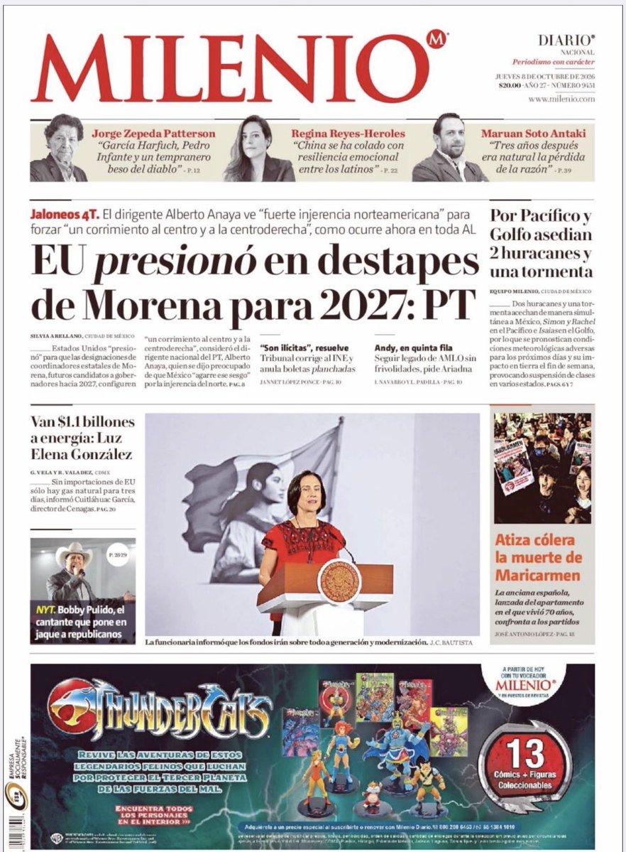 npensamiento's tweet photo. Buenos días. Es jueves 8 de octubre de 2026.
Día Internacional del Pulpo
Día Internacional de la Dislexia
Día Mundial de la Visión
Día Internacional de la Podología
Día Mundial del Síndrome de Allan-Herndon-Dudley o Deficiencia de #MCT8
Les dejo las #PrimerasPlanas #PortadasNacionales de #Mexico 🇲🇽