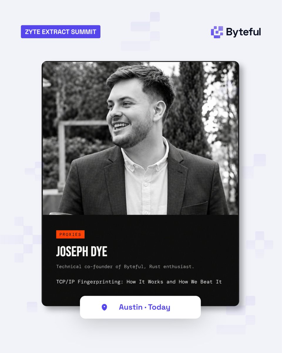 byteful's tweet photo. Day two of @zytedata's Extract Summit is underway, and Byteful is here in Austin, Texas!

Today at 12:00pm, our founding engineer Joe Dye takes the stage at Brazos Hall for a talk on TCP/IP fingerprint emulation🫆
 
Come and say hello before or after👋 https://t.co/r58msOddQP
