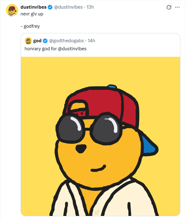 nishseq's tweet photo. abstract chain announces its shutting down yet 24 hrs later $god token is up and people are rocking god pfps. 

i dunno man, the resilience of this yellow pup keeps surprising me. https://t.co/mWtf2Iq4Gj