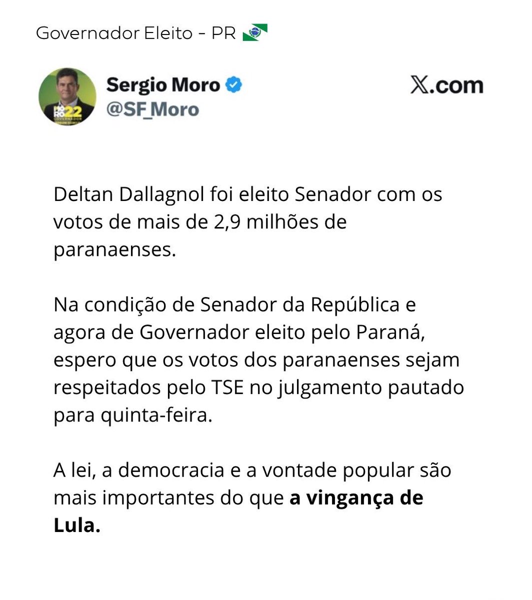 deltanmd's tweet photo. Agradeço a todos os governadores e senadores eleitos que se solidarizaram comigo às vésperas do julgamento e se posicionaram em defesa da vontade dos paranaenses.

Quase 3 milhões de pessoas já fizeram sua escolha nas urnas. Essa decisão não pode ser desrespeitada.

Essas lideranças reafirmaram aquilo que a Justiça Eleitoral do Paraná já reconheceu: não há motivos para retirar minha candidatura ou apagar a decisão soberana do povo.

Essa batalha não é apenas sobre o meu mandato, mas sobre o direito de cada cidadão escolher livremente seus representantes. Estamos juntos por um Brasil onde a Justiça proteja a democracia, em vez de interferir na decisão das urnas.

Se você também acredita que a vontade de quase 3 milhões de paranaenses precisa ser respeitada, compartilhe! 👇🧵