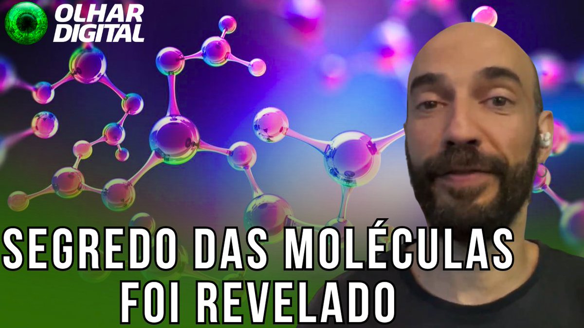 A YouTube thumbnail for 'OLHAR DIGITAL' featuring a bald bearded man alongside the Portuguese text 'SEGREDO DAS MOLÉCULAS FOI REVELADO' against a colorful molecular structure graphic.