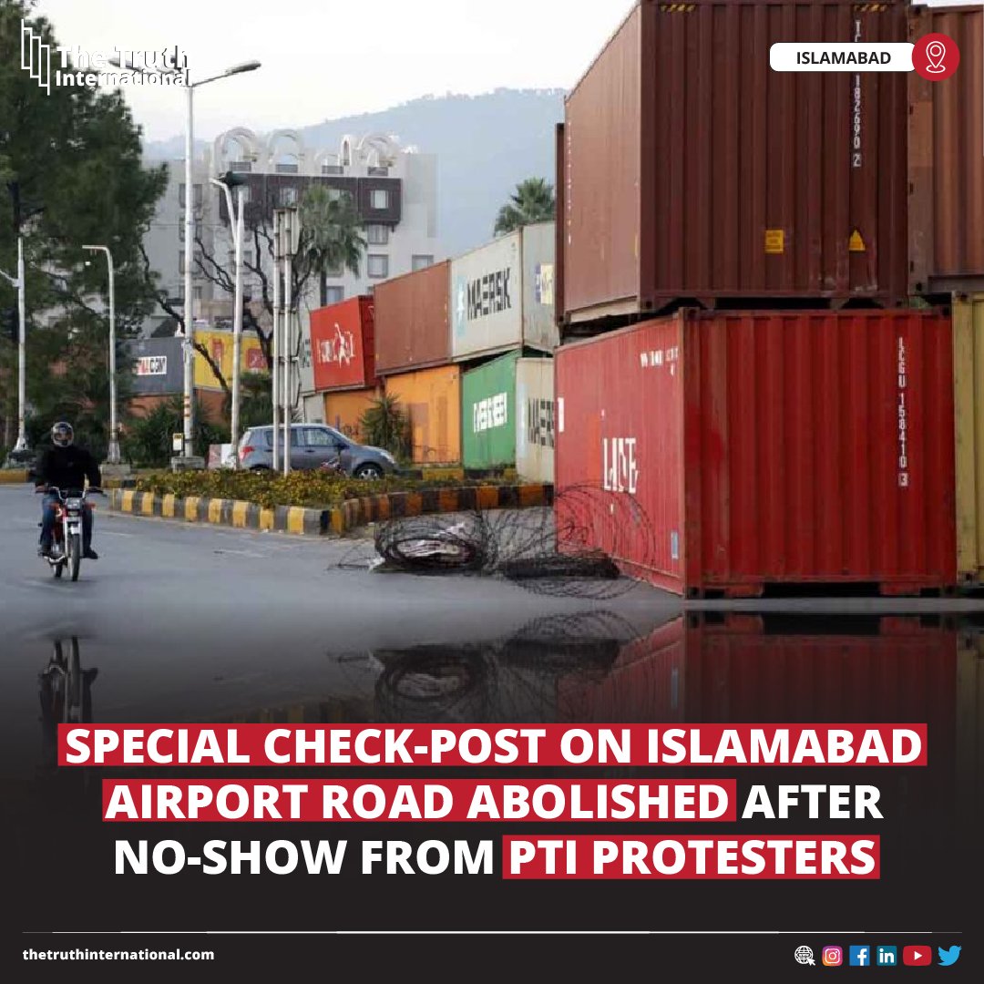 ttimagazine's tweet photo. Special check-post on Islamabad Airport Road abolished after no-show from PTI protesters
CLICK HERE: https://t.co/M85ehN2X7T
#Special #checkpost #IslamabadAirport #Road #abolished #noshow #PTIprotesters #TTI https://t.co/nzObbXDKUK