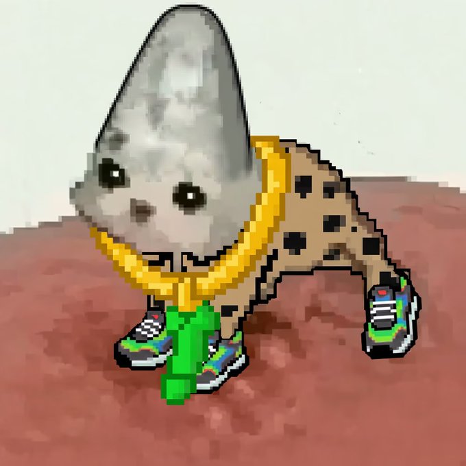 A pixelated cartoon illustration of a creature with a cat-like body wearing colorful sneakers and a large golden pendant, topped with a realistic photograph of a seal's head.