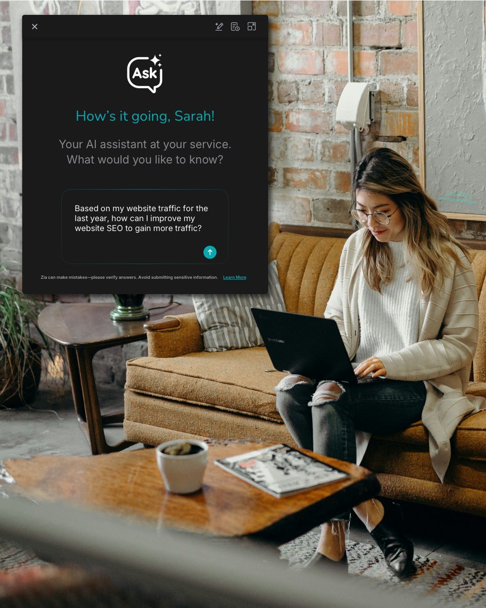 Zenfolio's tweet photo. Zia used to know how Zenfolio works. Now it knows how your business is doing.

Ask how to improve your SEO. Ask about your sales, clients, and bookings, too. 
https://t.co/ba0QRX5mpc https://t.co/PtCz9D1vO8