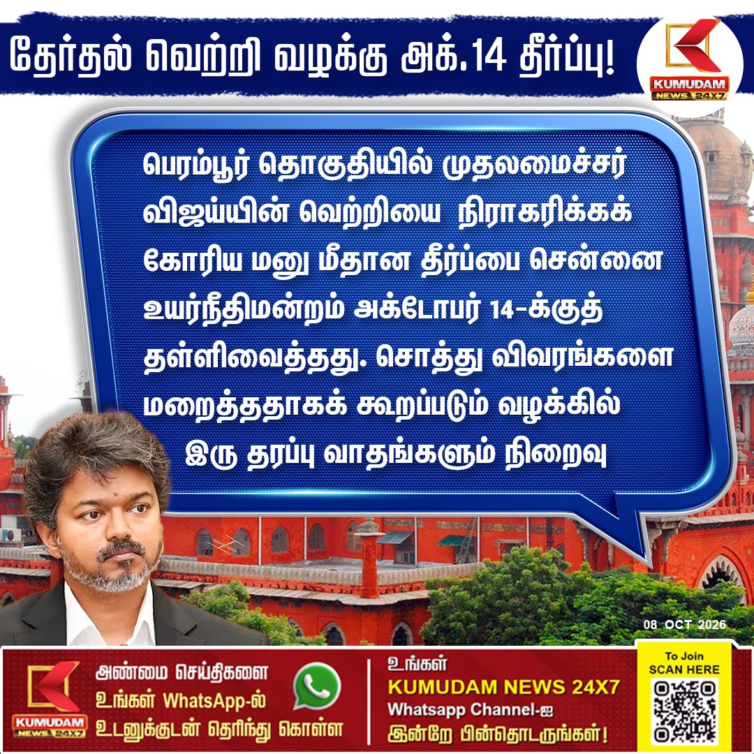 kumudamNews24x7's tweet photo. முதலமைச்சர் விஜய் தேர்தல் வழக்கு!
@TVKVijayHQ @TVKHQITWingOffl @CMOTamilnadu
#Vijay #ChennaiHighCourt #ElectionCase #TamilNadu #Kumudamnews24x7
To join our Whatsapp Channel: https://t.co/6WQtlcYx9L
For more news: https://t.co/RTY7GRleNU
For live updates: https://t.co/zGRS1ypjkW