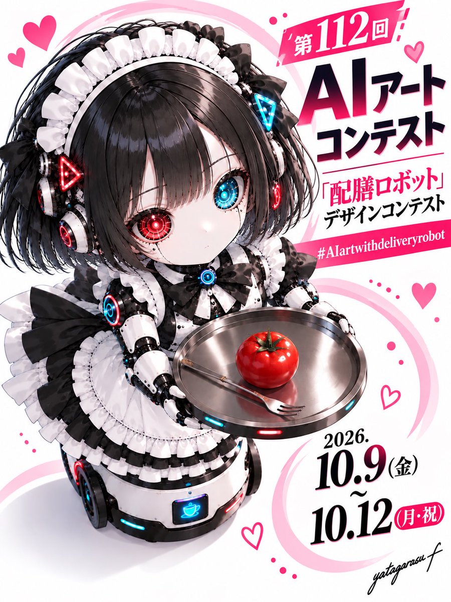 yatagarasu_f's tweet photo. 第112回AIアートコンテスト
「配膳ロボットデザイン」
10/9(Fri)0時～10/12(Mon) 24時まで
#AIartwithDeliveryrobot 
- -
参加方法:
 ・上記タグを本文記載 
・その他タグは1つまで
・1日3作品まで
・1投稿1画像1イラストまで
--
X規約厳守・二次創作禁止
その他ルールはコメント参照
優秀作品10作品を選考し動画紹介