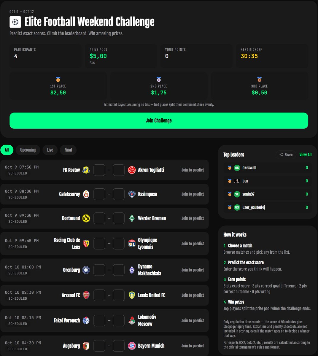 exactpredictxyz's tweet photo. 🔥ELITE FOOTBALL WEEKEND CHALLENGE⚽️

Oct 9–12: predict exact scores across top matchups and compete for USDC prizes!

⚽️ Manchester United vs Tottenham
⚽️ Liverpool vs Manchester City

✅ FREE entry
💰 $5 prize pool
🏆 Top 3 players win

Join now: https://t.co/AJYRGEd63y https://t.co/dP7PRvZm2e