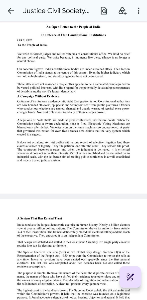 nabilajamal_'s tweet photo. #BREAKING

42 former judges defend the Election Commission and SIR, warning against unsubstantiated “vote theft” allegations

In an open letter, the former judges expressed concern over attacks on constitutional institutions, saying repeated accusations of bias and wrongdoing could erode public confidence in elections

They defended the Special Intensive Revision (SIR) as a legally established exercise to maintain accurate voter rolls

“Criticism of institutions is a democratic right. Denigration is not,” the letter states

The signatories urged political parties to pursue their grievances through established legal and constitutional channels