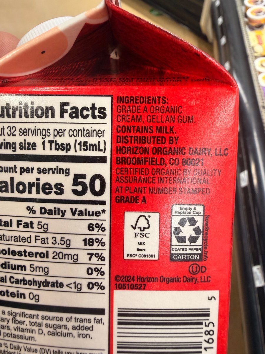 CaryKelly11's tweet photo. This will blow your mind.

Guar gum, gellan gum and carrageenan aren’t primarily added to cream to prevent spoilage.  

They put that crap in there to stabilize texture and reduce separation…

When all they had to do was say:

Shake well before using. https://t.co/YwM9wtdSlI