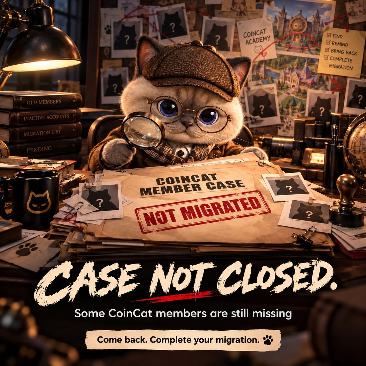 Coincat_Global's tweet photo. 🕵️ Case not closed… we’re still missing you! 🐾

Only 3 days left—migration closes October 11.

Complete your migration to CoinCat World. Need help? Contact Customer Support.

#CoinCat #CoinCatWorld https://t.co/r8Rs0wUT0w