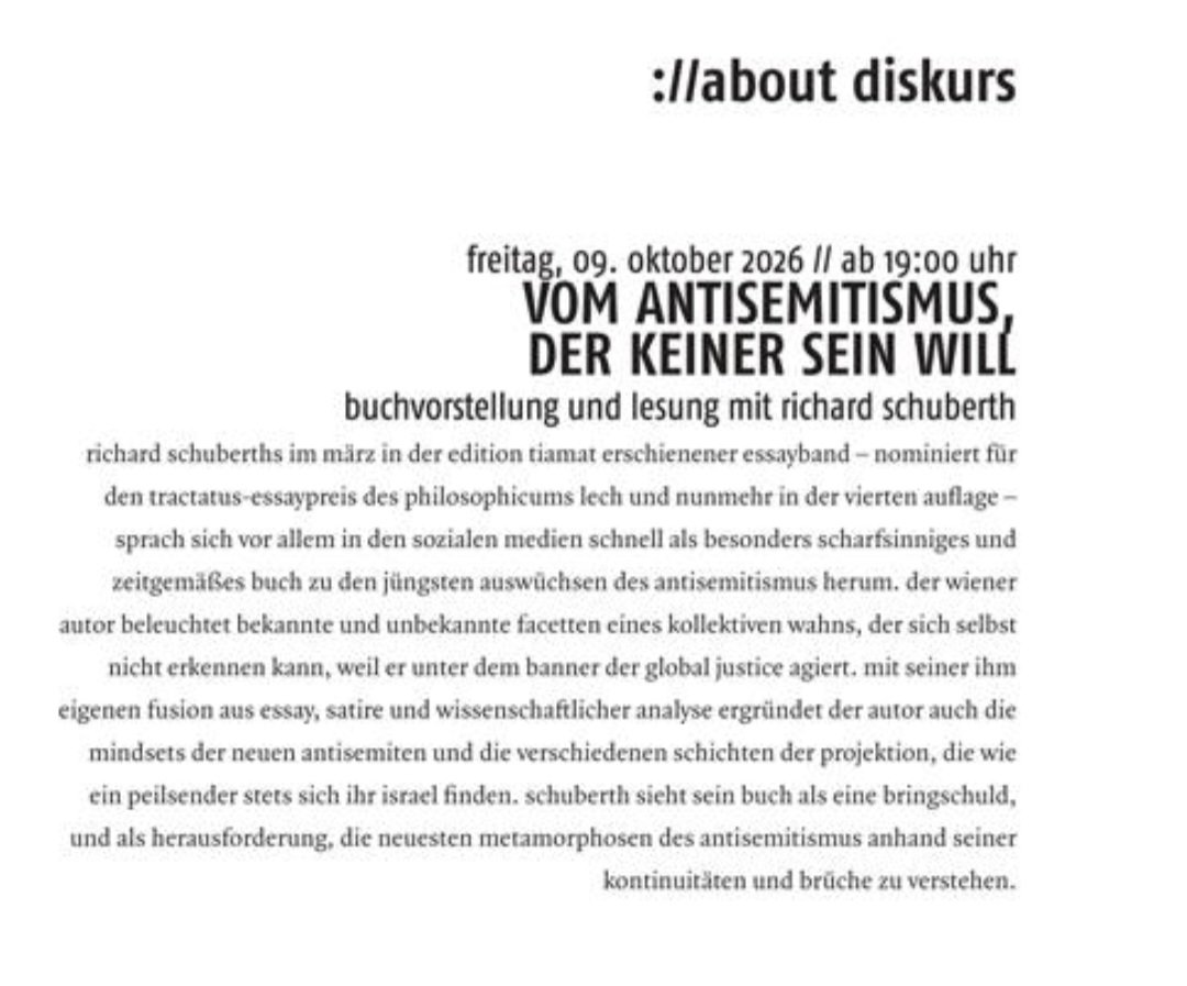 Kei_Nie_'s tweet photo. #b0910 Buchvorstellung und Lesung mit Richard Schuberth

"Vom Antisemitismus, der keiner sein will"

9. Oktober 2026, ab 19 Uhr, ://about blank, Markgrafendamm 24c, S-Bhf Ostkreuz https://t.co/u6NLwxzn6u