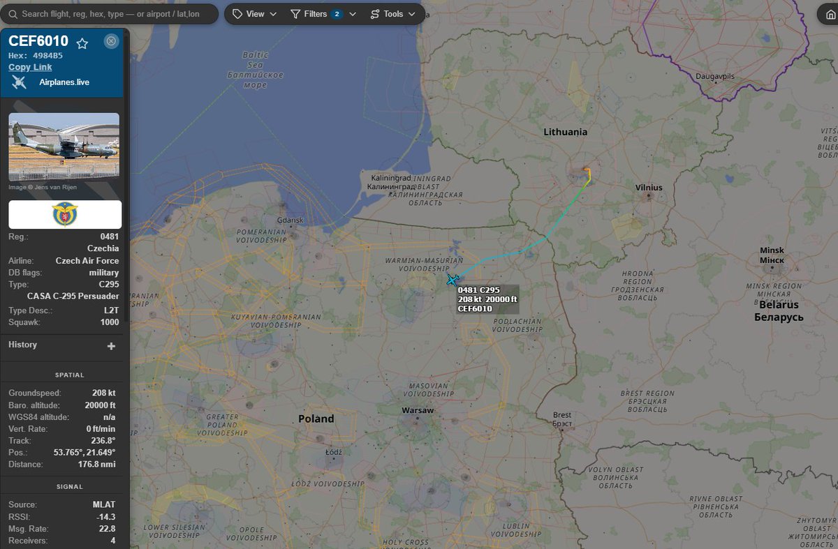 PolishMilRadar's tweet photo. 📅 08.10 🕘 12:02LT - 🇨🇿✈️ Czeski Airbus C-295M tranzytem
🇨🇿 Siły Powietrzne Czech
✈️ #CEF6010 Airbus C-295MW | Reg: "0481"
🛫 Port Lotniczy Kowno #EYKA | Litwa 🇱🇹
🛬 Baza Lotnicza Praga Kbely #LKKB | Czechy 🇨🇿
🔗 https://t.co/yPvVFXoShZ
#POLMILRADAR https://t.co/Glv0Y2Oz41