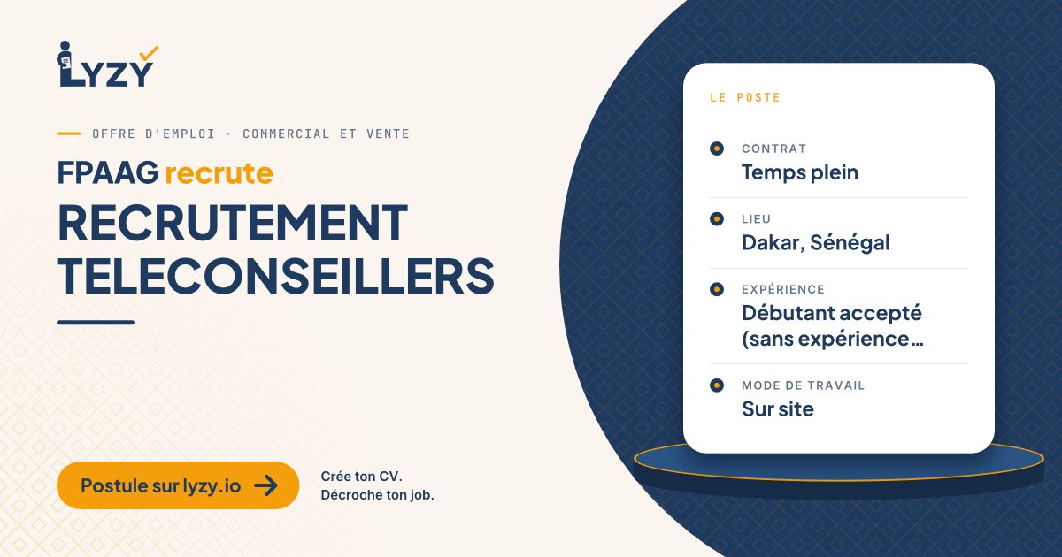 Lyzy_io's tweet photo. Avec FPAAG, tente ta chance comme téléconseiller à Dakar : les débutants sont les bienvenus.
👉 Postule sur Lyzy : https://t.co/Wd7HZivL5j
#Emploi #Dakar https://t.co/P0bdnMrQme