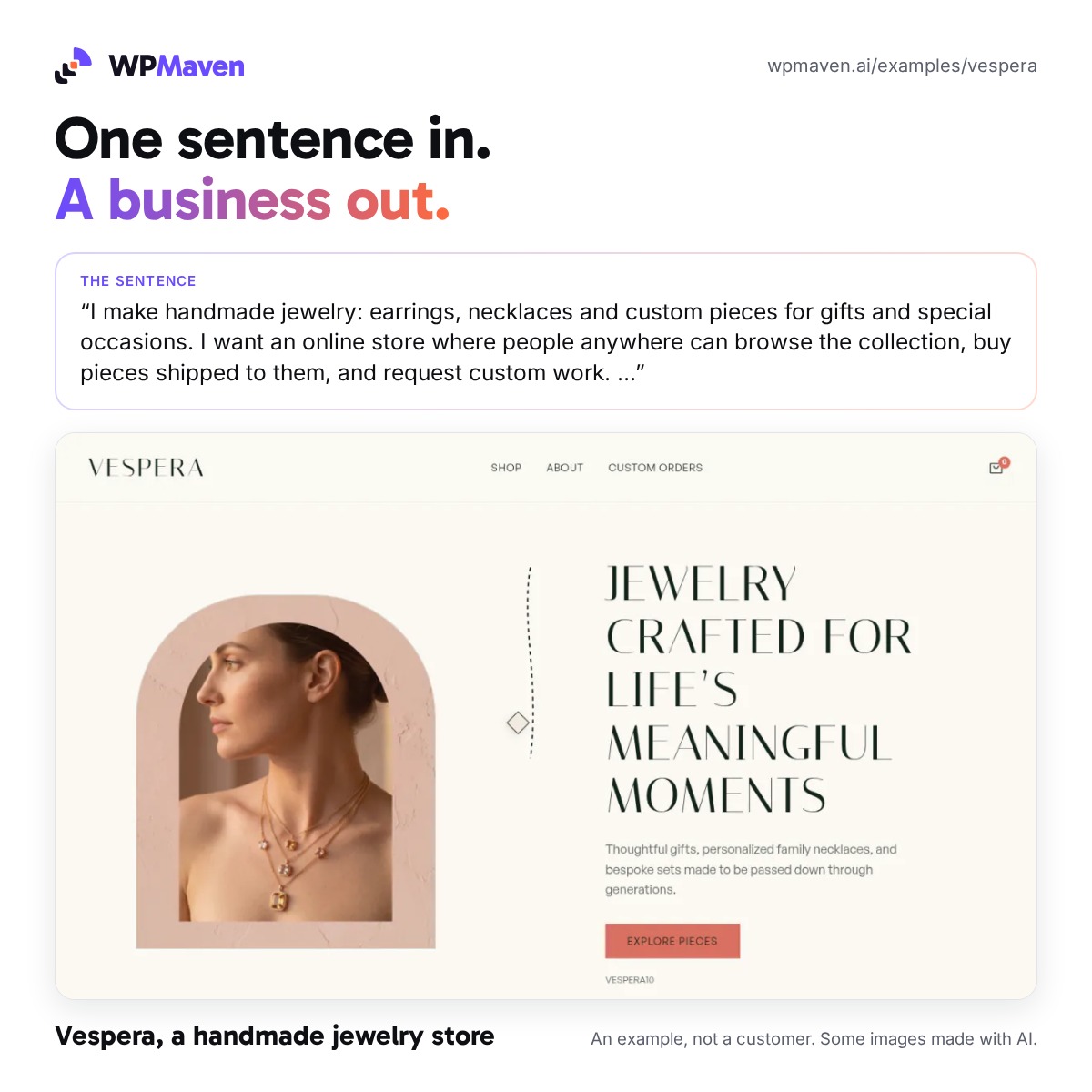 WPMavenAI's tweet photo. ✨ One sentence in, a business out!

Meet Vespera 💍, a handmade #jewelry store built by #WPMaven in a few minutes: brand, site, shop.

Steps: https://t.co/zsPXAXjlWA
All 16: https://t.co/NvZYOGLwF7

An example, not a customer. By @yotako_io #AI #Ecommerce #WordPress #Startup https://t.co/EPs9YybkBo
