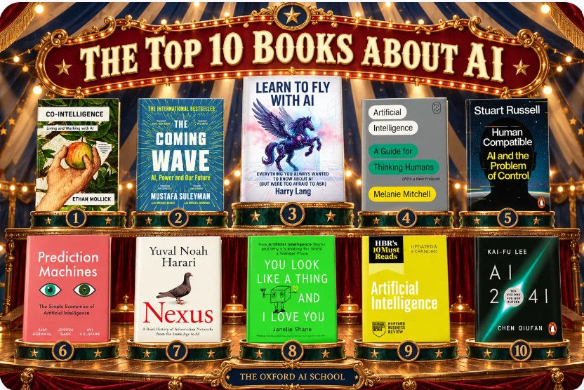 oxfordaisch's tweet photo. What are the top 10 books about AI? 
Go and have a browse at these gems
Co-Intelligence @emollick 
The Coming Wave @mustafasuleyman  &amp; Michael Bhaskar
Prediction Machines @professor_ajay @joshgans  &amp; @avicgoldfarb 
You can see the full list here: https://t.co/UkSlHow2LR https://t.co/jNhnWcI4tr