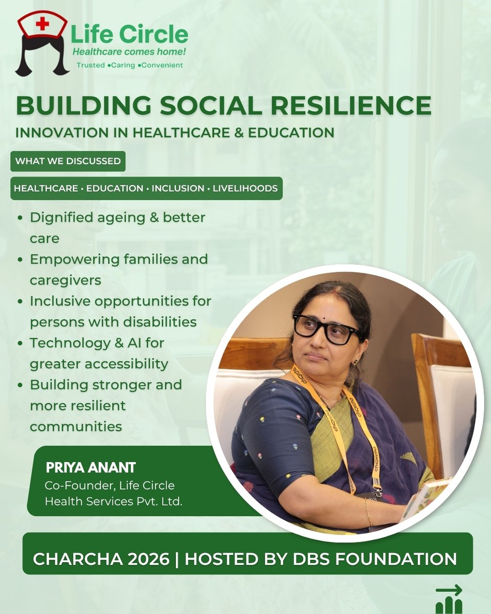 LifeCircleSrSer's tweet photo. Building Social Resilience: Innovation in Healthcare & Education
We are proud to share that Priya Anant, Co-Founder, Life Circle Health Services Pvt. Ltd., participated as a panellist at Charcha 2026, hosted by DBS Foundation.
#Charcha2026 #LifeCircleHealthServices https://t.co/wLMxL9rUky
