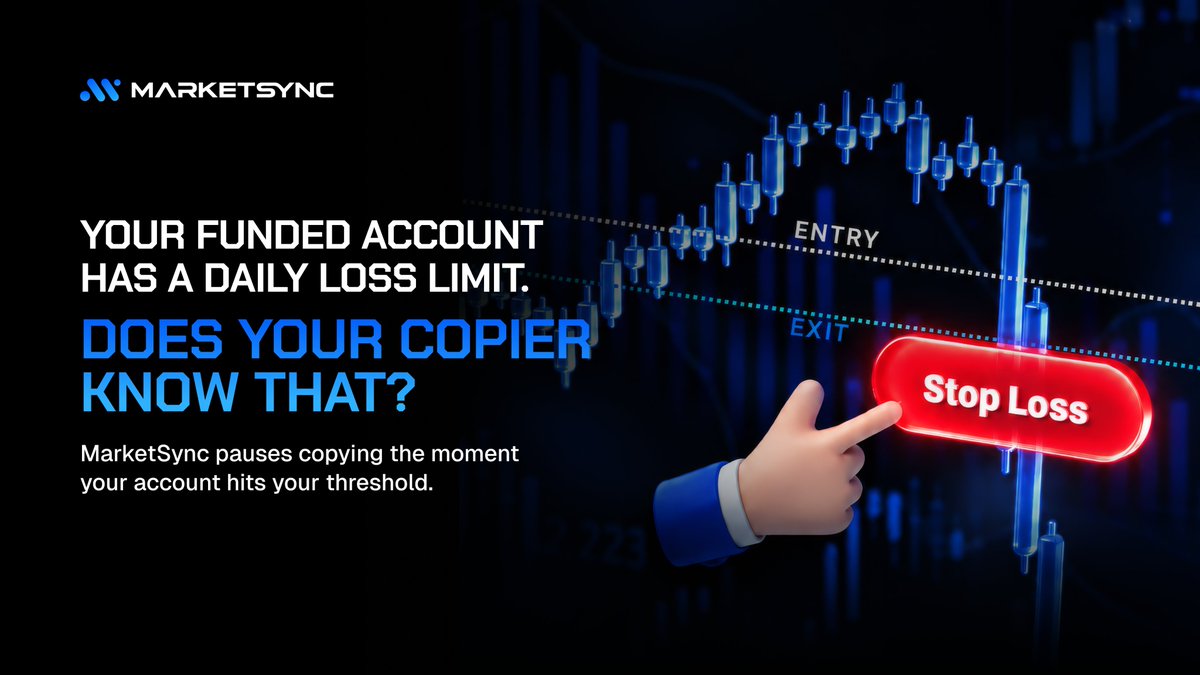 MarketSync_'s tweet photo. Three losses in a row. You're close to your daily drawdown limit.

Signals are still dropping. Your copier is still executing.

One more trade and the account is breached.

MarketSync's daily loss limit control pauses new copying automatically the moment you hit your threshold. https://t.co/FfICZPG7fR