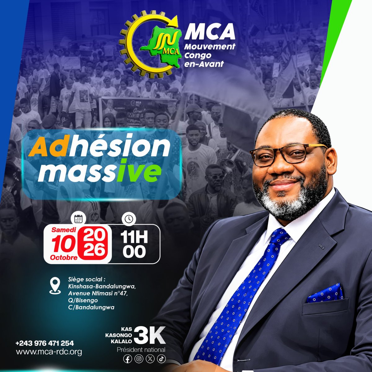 KasongoKas's tweet photo. #MCA #RDC #POLITIQUE 
Adhésion massive ce samedi 10/10/2026 à partir de 11h00.
Une occasion de devenir membre officiel du parti MCA pour contribuer à un Congo en-Avant.

Mon regret est que les personnes intègres et intelligentes laissent souvent la politique aux courageux et se plaignent de la gestion du pays après.

Il y a lieu de faire la politique autrement.

Il est temps de vous engager, REJOIGNEZ-NOUS.