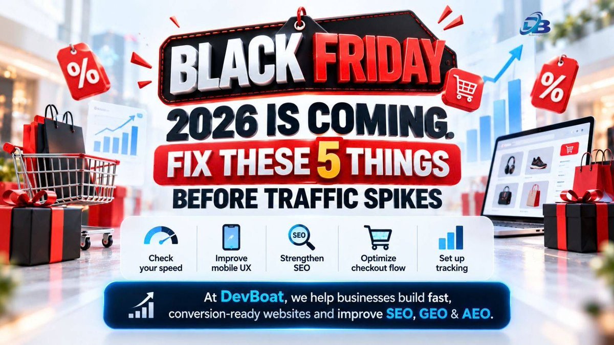 boat_dev's tweet photo. Is your website ready for Black Friday?

Check your speed, mobile UX, SEO, checkout flow and tracking before traffic surges.

At DevBoat, we help businesses build fast, conversion-ready websites and improve SEO, GEO &amp; AEO.

https://t.co/lmtcehbeoL
#BlackFriday2026 #SEO #Ecommerce https://t.co/T0qhmjWtHz
