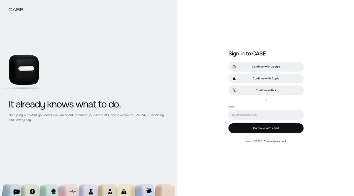 hellocaseai's tweet photo. Case is live. A team of AI agents that understand your world, connect to your accounts, and quietly get things done before you ask.
Join the waitlist at https://t.co/GLJXN1PtXU https://t.co/Naxjitlxqi