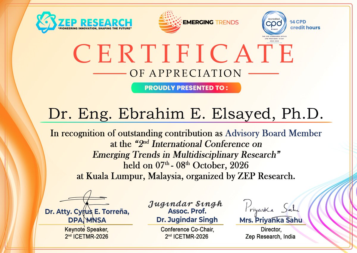 engebrahem16's tweet photo. I am pleased to share that I have participated and presented at the 2nd International Conference on Emerging Trends in Multidisciplinary Research (ICETMR 2026), held in Kuala Lumpur, Malaysia, on 07–08 October 2026. https://t.co/H1UgoIzobQ