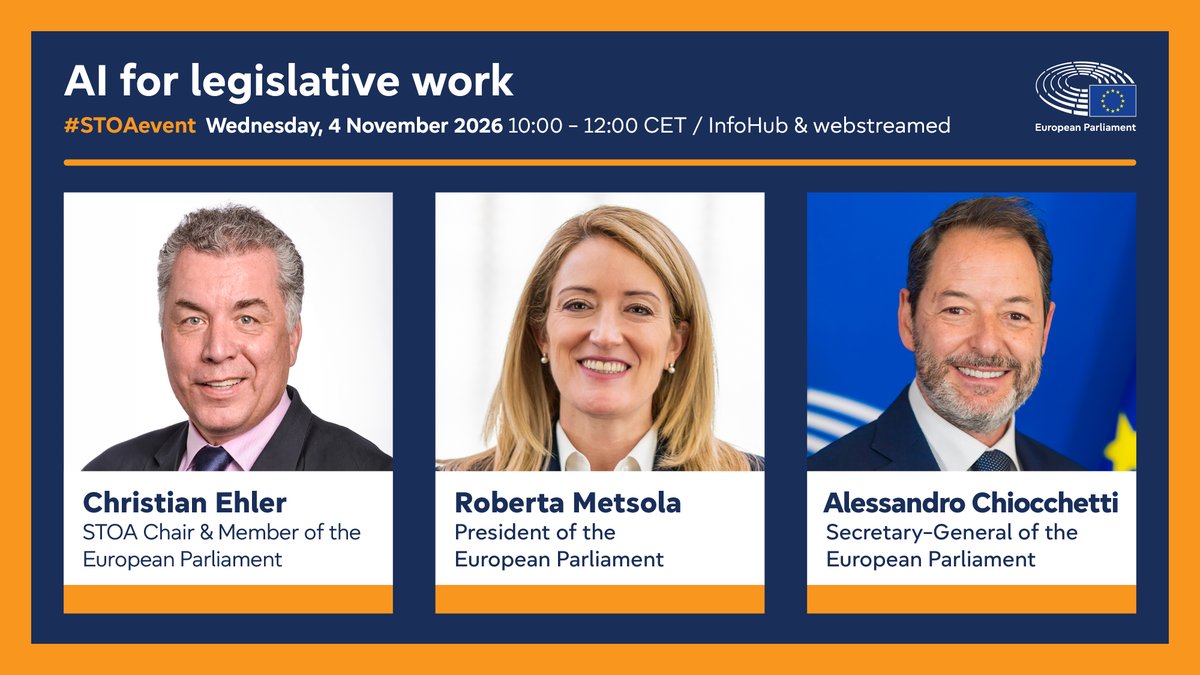 EP_ScienceTech's tweet photo. 🗓️4/11 #STOAevent on AI for legislative work in parliaments, also in the @Europarl_EN 

Experts will present concrete use-cases, pros &amp; cons &amp; governance issues.

👉Information, registration &amp; related STOA studies: https://t.co/KEvewh5idu

@EP_President @EP_Legal @EP_DEG https://t.co/opVKCvCBjn