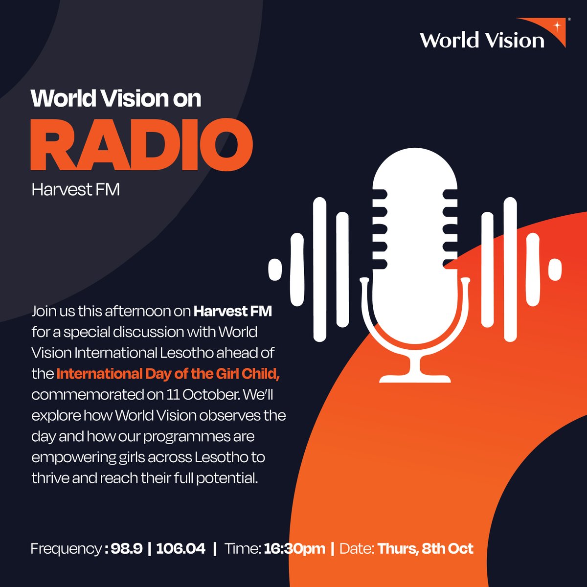 WorldvisionLS's tweet photo. Ahead of the International Day of the Girl Child on 11 Oct, join @WorldVisionLS on Harvest FM this afternoon for a conversation on protecting and empowering girls in Lesotho.
Our Child Protection Manager, Mr Taaka, will share how our programmes are helping a girl child to thrive https://t.co/jYCQyqMmWG