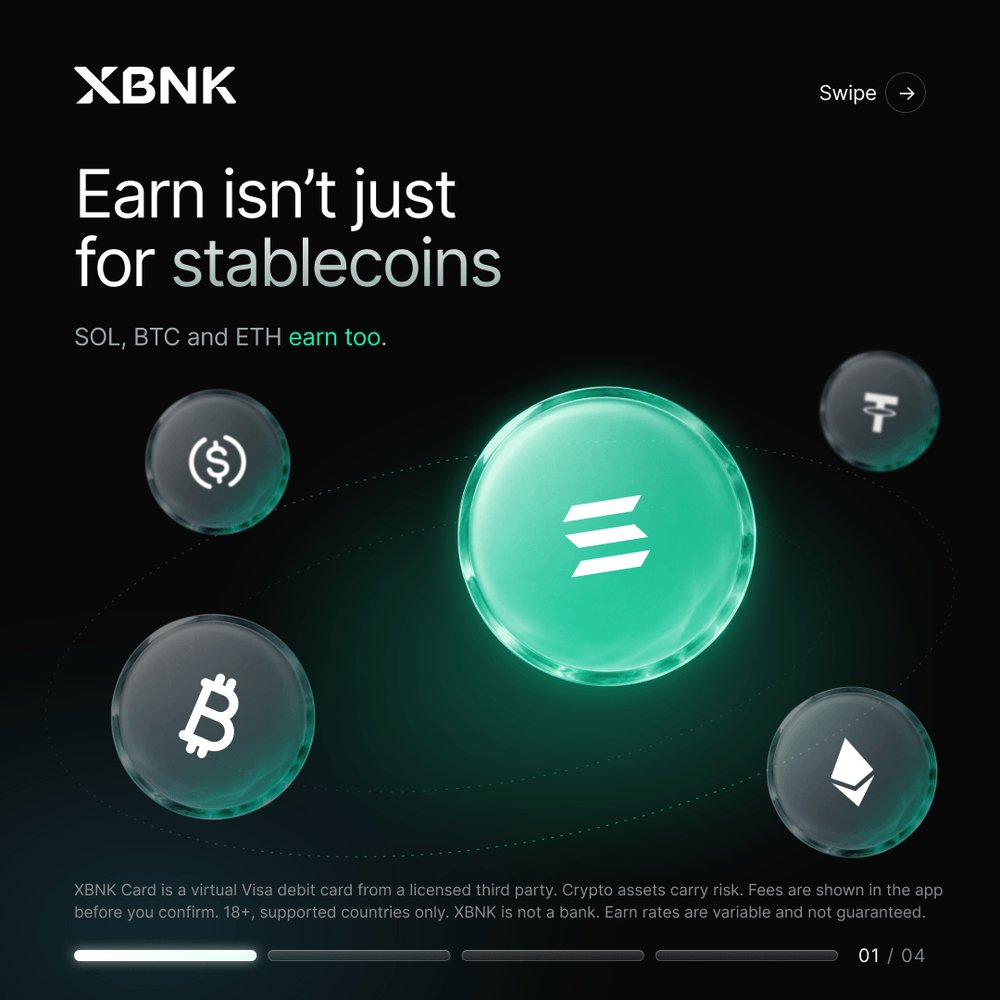 xbnkapp's tweet photo. USDC and USDT arenโt the only assets earning in XBNK. SOL, BTC and ETH generate yield too, each at its own rate.
See the full breakdown in the carousel. Which asset should be earning for you right now?
#Crypto #Web3 #CryptoEarn https://t.co/Pc9xPWuvij