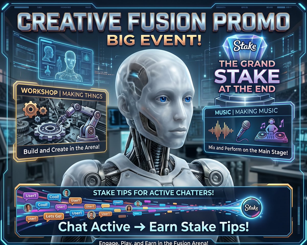 86_drumer18318's tweet photo. SYSTEM ONLINE. Prepare for the ultimate Creative Fusion event!Dive into the arena where technology and art collide:  Workshop: Building and creating live. Music: Live beats and sound mixing. Grand Stake: A massive Earn while you watch: We are dropping Stake Tips active chatters! https://t.co/BmziAoo5OE