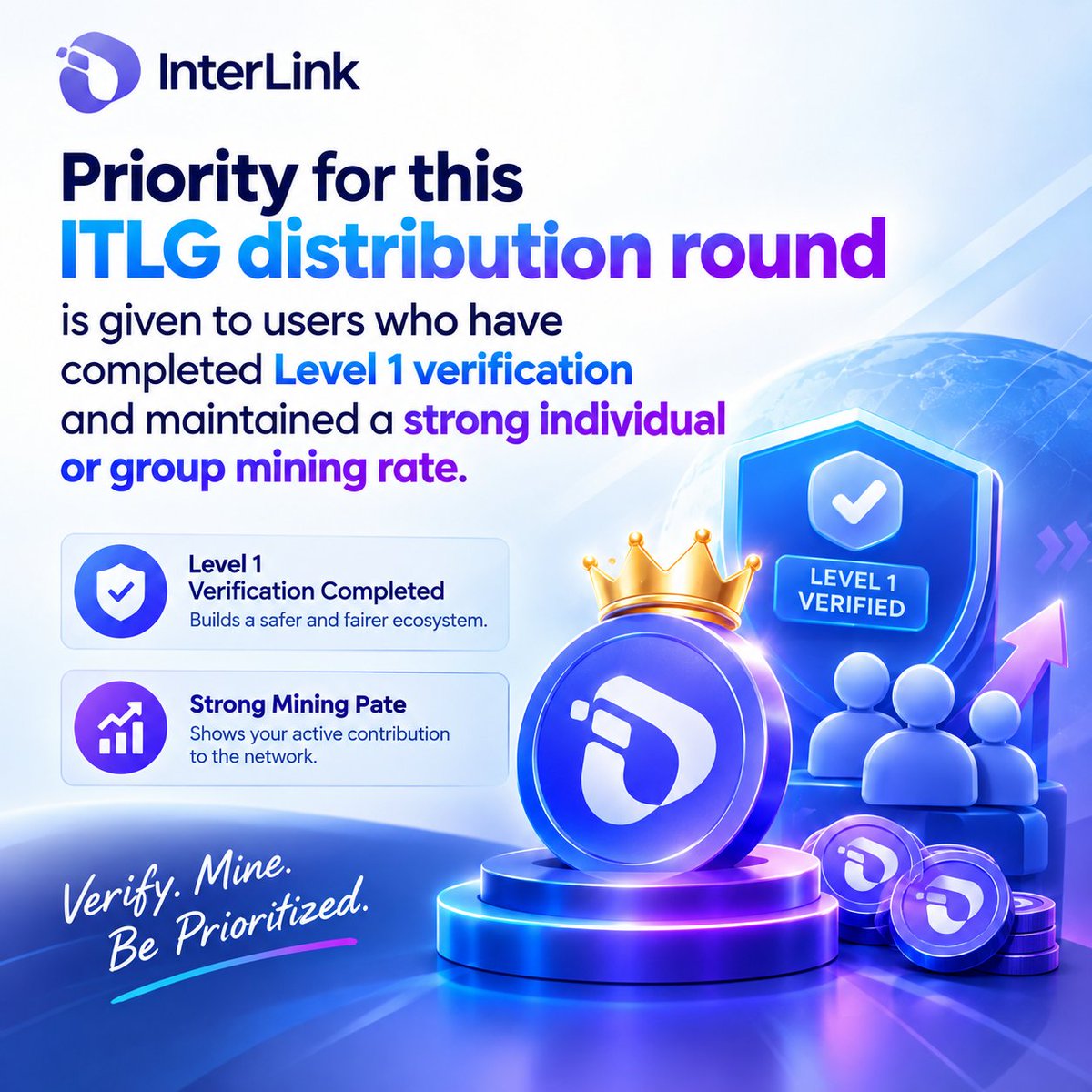 Johirul7676's tweet photo. Priority for this ITLG distribution round is given to users who have completed Level 1 verification and maintained a strong individual or group mining rate.

#InterLink #ITL #ITLG https://t.co/WirMAmvsCi