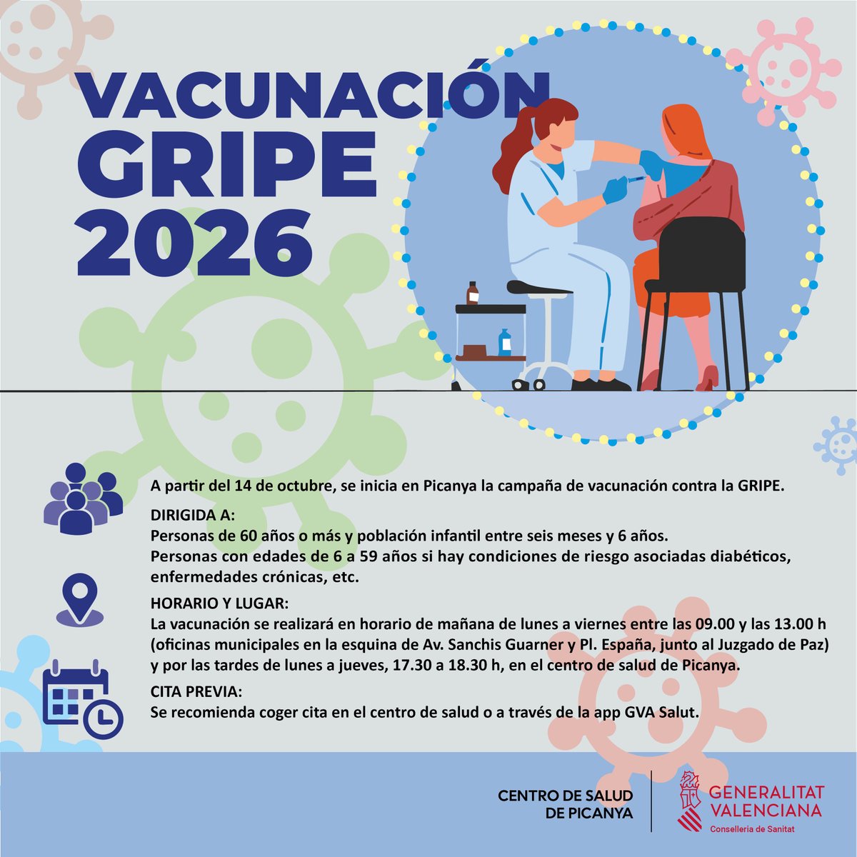 aPicanya's tweet photo. Arranca la campanya de vacunació contra la grip al Centre de Salut.
Des del proper 14 d'octubre.
Més informació:
https://t.co/vpr7yrQMMk https://t.co/xyTYp1ouQc