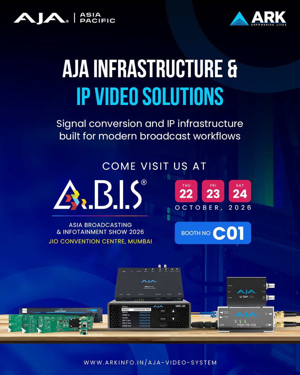 arkinfosolution's tweet photo. AJA at A.B.I.S. 2026
Explore signal conversion, modular processing, 4K workflows, streaming, recording and USB video capture solutions for modern broadcast environments.

Visit AJA Booth C01
22–24 October 2026

#aja #broadcast #ipvideo #abis2026 #broadcasttech #ipvideo #proav https://t.co/1x9nYSZjku