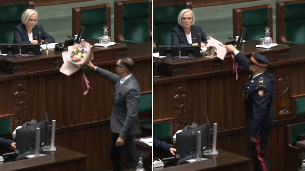 Alicja1263's tweet photo. Łajza Mejza chciał błysnąć🤣-  przyniósł na sejmową mównicę bukiet, który miał być "podziękowaniem" dla prokuratora wnioskującego o uchylenie mu immunitetu🤦‍♀️ 
Kwiaty zostawił jednak na stole prezydialnym i mimo żądań wicemarszałek Doroty Niedzieli nie chciał ich zabrać❗️😠
Kilkadziesiąt minut później  Mejza ponownie pojawił się na sali i wygłosił oświadczenie.🫢🧐 
Wicemarszałek Niedziela po zakończeniu  jego wystąpienia odniosła się do wcześniejszej sytuacji: 
-"Schował się pan w swoim pokoju, zamiast przyjść i zabrać kwiaty. Musiałam angażować Straż Marszałkowską, bo jest pan zwykłym tchórzem. W dużych okularach i z dużym orłem na klapie"👍👌
Brawo Pani Marszałek @DorotaNiedziela👏👏👏