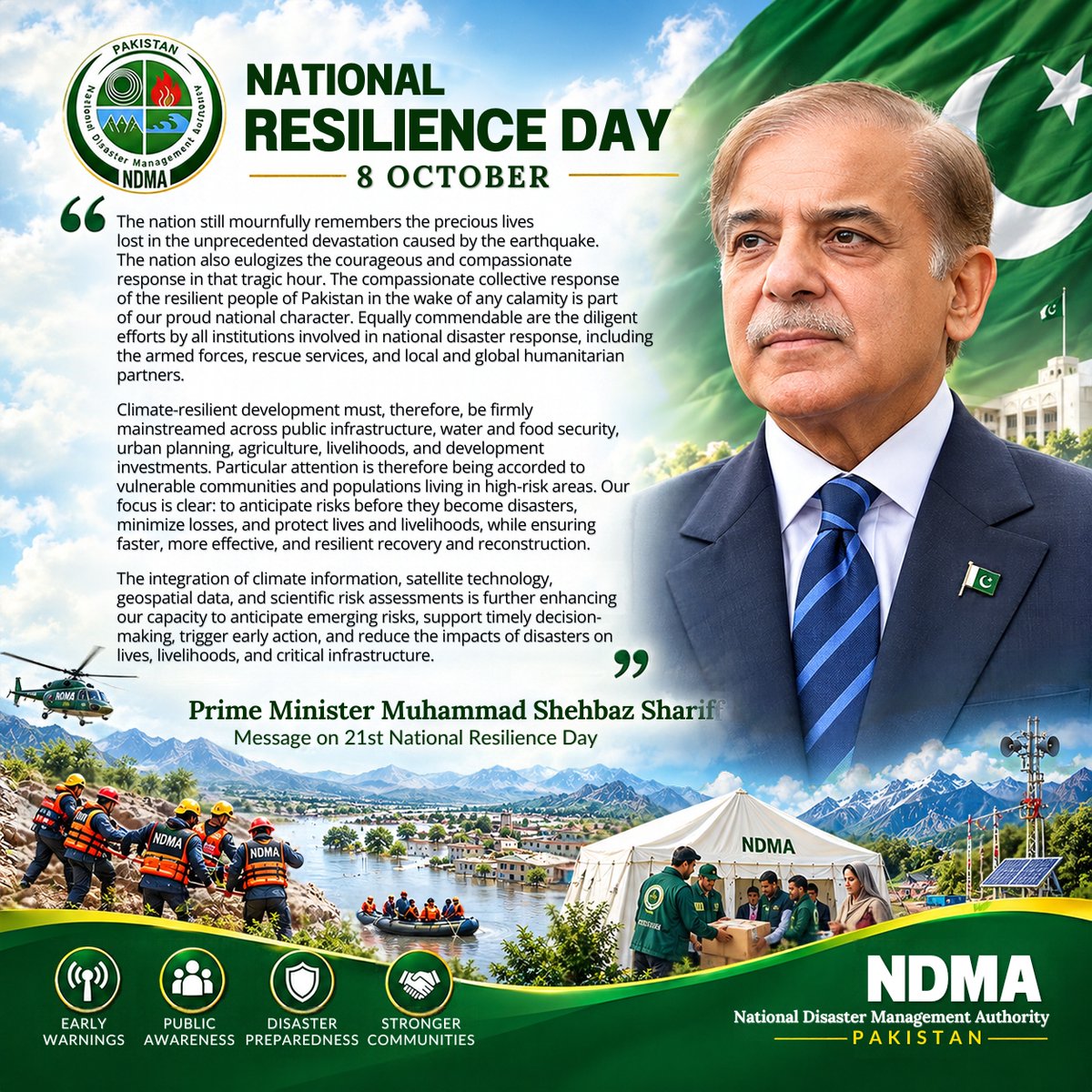 ndmapk's tweet photo. Prime Minister Muhammad Shehbaz Sharif’s Message on 21st National Resilience Day https://t.co/k3huzbXCHT