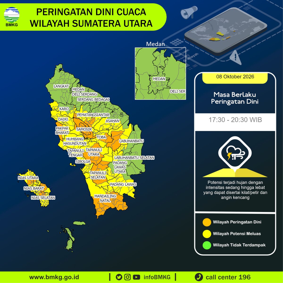 infoBMKG's tweet photo. Update Peringatan Dini Cuaca Wilayah - Sumatera Utara Tgl. 08 Oktober 2026 pkl. 17:30 WIB
Prakirawan - BMKG - Sumatera Utara
https://t.co/z2HAtu5fZD https://t.co/cyAW82M1uC