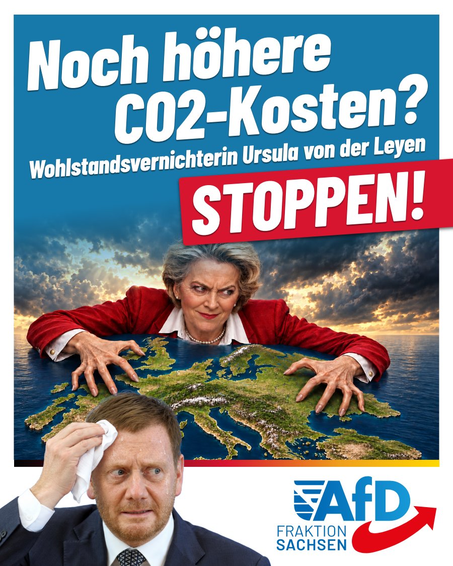 AfD_SLT's tweet photo. Laut der FAZ plant EU-Kommissionspräsidentin Ursula von der Leyen (CDU) die Erhöhung mehrerer Abgaben, um ihren Zwei-Billionen-Euro schweren Haushalt zu finanzieren. Zusätzliche Einnahmen will sie vor allem über eine stärkere Besteuerung von CO2 generieren. Darüber hinaus sind Abgaben für große Unternehmen, Tabak, Elektromüll und Kryptowerte im Gespräch.

Dazu erklärt der sächsische AfD-Fraktionsvorsitzende @Joerg_UrbanAfD:

„Ministerpräsident Michael Kretschmer (CDU) muss die Pläne seiner Parteifreundin Ursula von der Leyen vehement zurückweisen. Diese Pläne würden unsere Bürger und Unternehmen innerhalb kürzester Zeit wirtschaftlich ruinieren.

Schon heute ist die CO2-Abgabe eines der Haupthindernisse für einen Wirtschaftsaufschwung. Wir fordern deshalb die Abschaffung der CO2-Abgabe. Wer hingegen die CO2-Kosten weiter nach oben treibt, nimmt den Niedergang Europas billigend in Kauf, um den eigenen Machtapparat am Laufen zu halten.

Mit ihren neuen Steuerplänen beweist Ursula von der Leyen, dass die gegenwärtige Europäische Union nicht reformierbar ist. Wir brauchen für Europa einen kompletten Neustart mit einem freiheitlichen Staatenbündnis souveräner Nationen.“

#AfD #Sachsen #JörgUrban #CDU #MichaelKretschmer #UrsulavonderLeyen #CO2Abgabe #EUSteuern #EUHaushalt #Wirtschaftspolitik