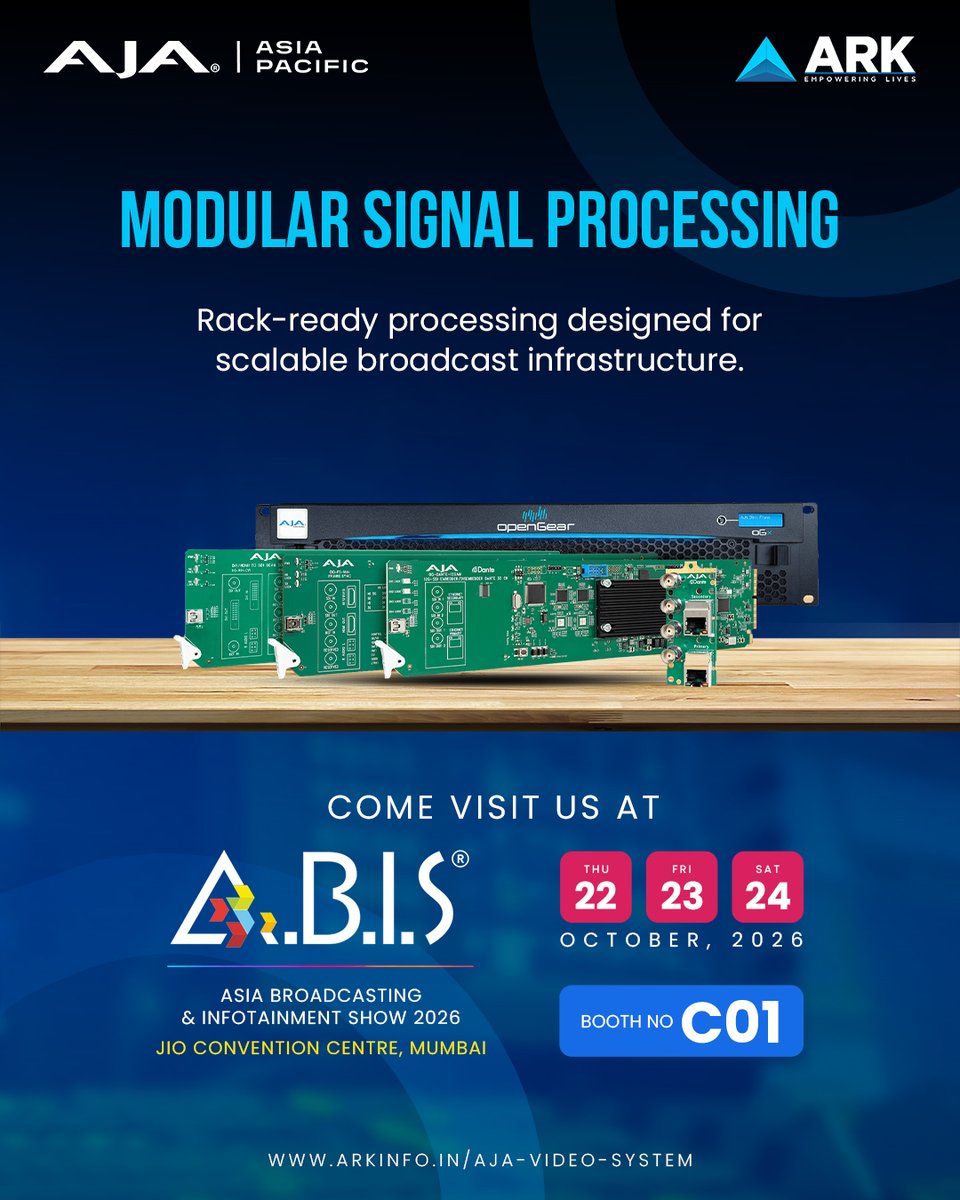 arkinfosolution's tweet photo. AJA at A.B.I.S. 2026
Explore signal conversion, modular processing, 4K workflows, streaming, recording and USB video capture solutions for modern broadcast environments.

Visit AJA Booth C01
22–24 October 2026

#aja #broadcast #ipvideo #abis2026 #broadcasttech #ipvideo #proav https://t.co/1x9nYSZjku