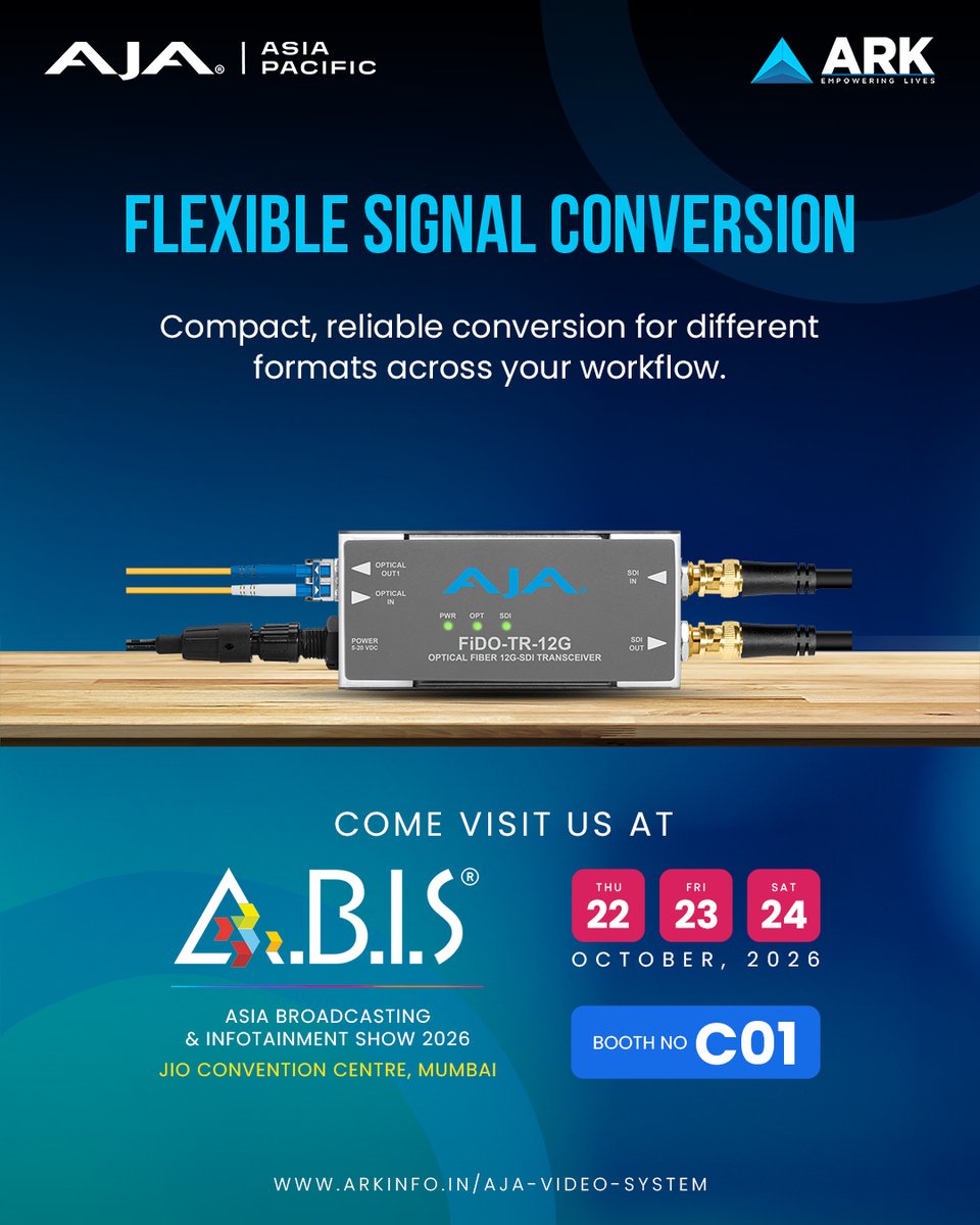 arkinfosolution's tweet photo. AJA at A.B.I.S. 2026
Explore signal conversion, modular processing, 4K workflows, streaming, recording and USB video capture solutions for modern broadcast environments.

Visit AJA Booth C01
22–24 October 2026

#aja #broadcast #ipvideo #abis2026 #broadcasttech #ipvideo #proav https://t.co/1x9nYSZjku