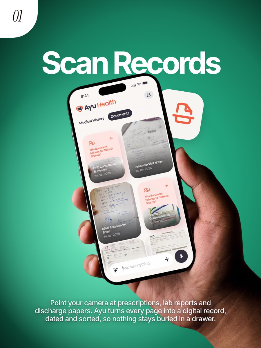 AyuAppAI's tweet photo. 5 things Ayu does for your family's health records:

1. Scan any prescription or lab report
2. Every visit on one timeline
3. Medicine reminders, morning to night
4. Ask in plain words
5. Separate profiles for Papa, Mummy and you

Swipe ➡️ https://t.co/flji9ZBcWf https://t.co/rYSoZXx36L