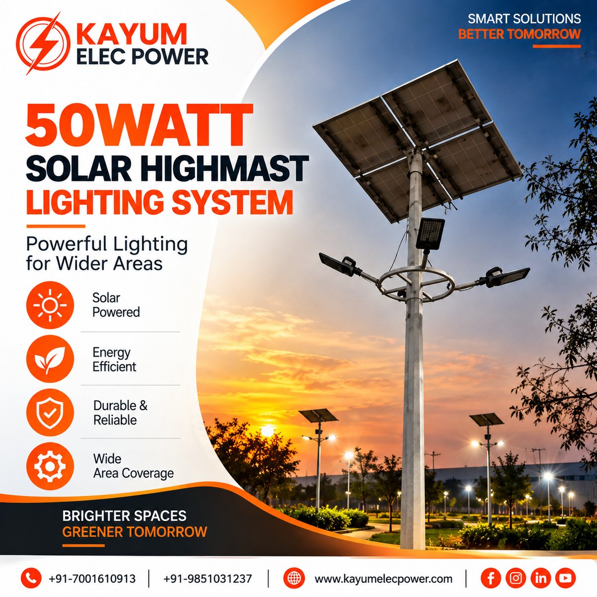 KayumPower's tweet photo. Sun-powered by day. Brighter spaces by night.

50W Solar Highmast Lighting — efficient, durable &amp; built for wider coverage.

📞 +91-7001610913 | +91-9851031237 
🌐 https://t.co/RE3wEEQVVU

#SolarEnergy #SolarLighting #CleanEnergy #SmartInfrastructure #Sustainability https://t.co/YdHdQD7fSu
