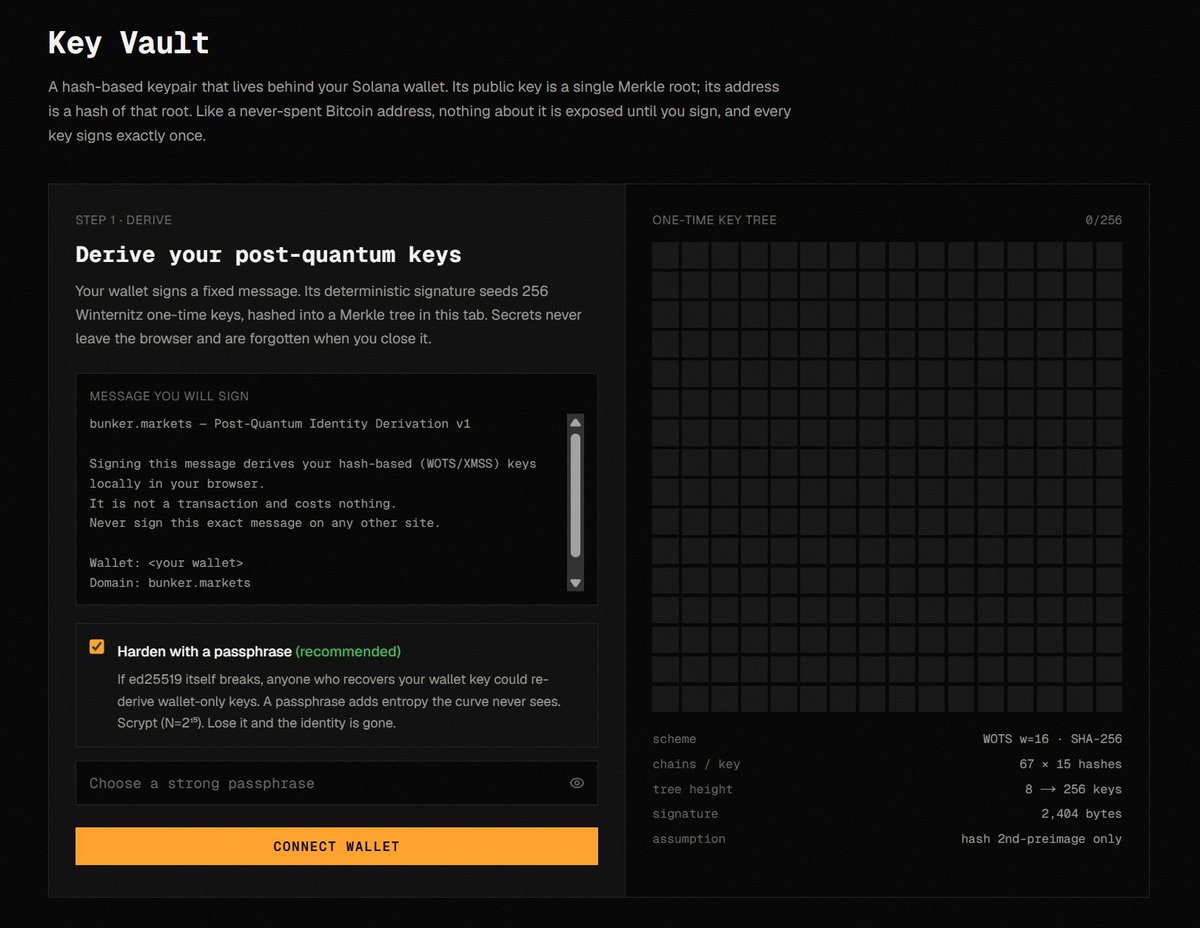 bunkermarkets's tweet photo. Everything should be running smoothly again.

small caching bug that has now been fixed.

remember, before launching a token, you must first create your post-quantum identity through the vault.

connect your Solana wallet and sign a message to derive your unique hash-based identity, which is used to cryptographically sign your launches and generate independently verifiable proofs of origin.

no new wallet or seed phrase required.

create your identity here: https://t.co/llk6RQGgvc