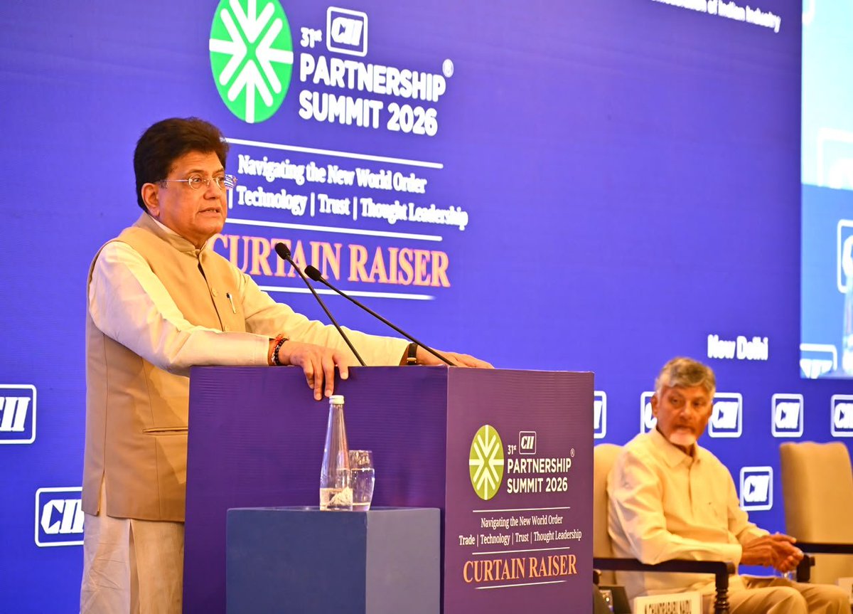 PiyushGoyal's tweet photo. An absolute pleasure to address the curtain-raiser of the 31st CII Partnership Summit, to be held in Visakhapatnam on 12th-13th November, alongside Andhra Pradesh CM @NCBN Garu.

Highlighted that Indian businesses today are more ambitious than ever. With India emerging as a preferred investment destination, a rapidly expanding economy and a growing network of FTAs under PM @NarendraModi ji's leadership, the opportunities before us are immense.

Also emphasised CM N Chandrababu Naidu Garu's significant efforts towards driving growth and prosperity in Andhra Pradesh. When the Centre and State work together as TEAM INDIA, the people are the biggest beneficiaries.

Building on the success of last year's summit, I invited global businesses, investors and innovators to partner with India and Andhra Pradesh and be part of our journey towards shared growth and mutual prosperity.

📹 https://t.co/jTcoWby06a