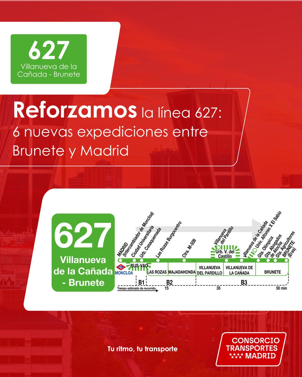 CRT_Madrid's tweet photo. 📣 🚌 Desde el 13 de octubre, reforzamos la línea 627 y su conexión entre Brunete y Madrid con 6 nuevas expediciones de lunes a viernes laborables.

👉​ Cinco de ellas serán exprés y usarán el Bus-VAO para agilizar los viajes y el acceso a Moncloa. https://t.co/uGDPh3h2ta