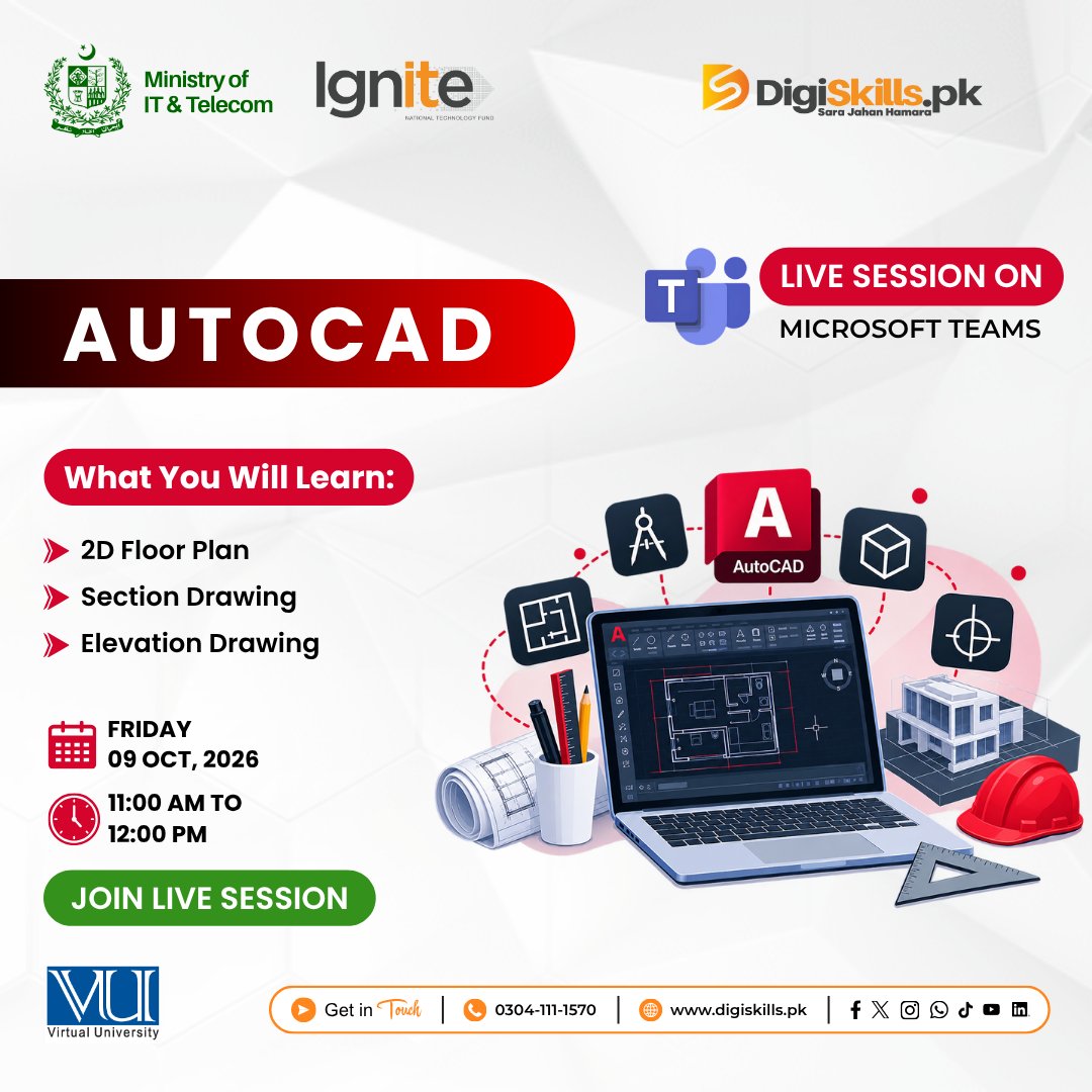 digiskillspak's tweet photo. Live Session - AutoCAD

𝐃𝐚𝐭𝐞: Friday, 09 October 2026
𝐓𝐢𝐦𝐞: 11:00 AM – 12:00 PM

This live session is exclusively for enrolled Batch-04 trainees.
#SaraJahanHamara #DigiSkillsPk #MOITT #Ignite #VirtualUniversity #TechDestinationPakistan #Learn2Earn https://t.co/9AosV1DDdO