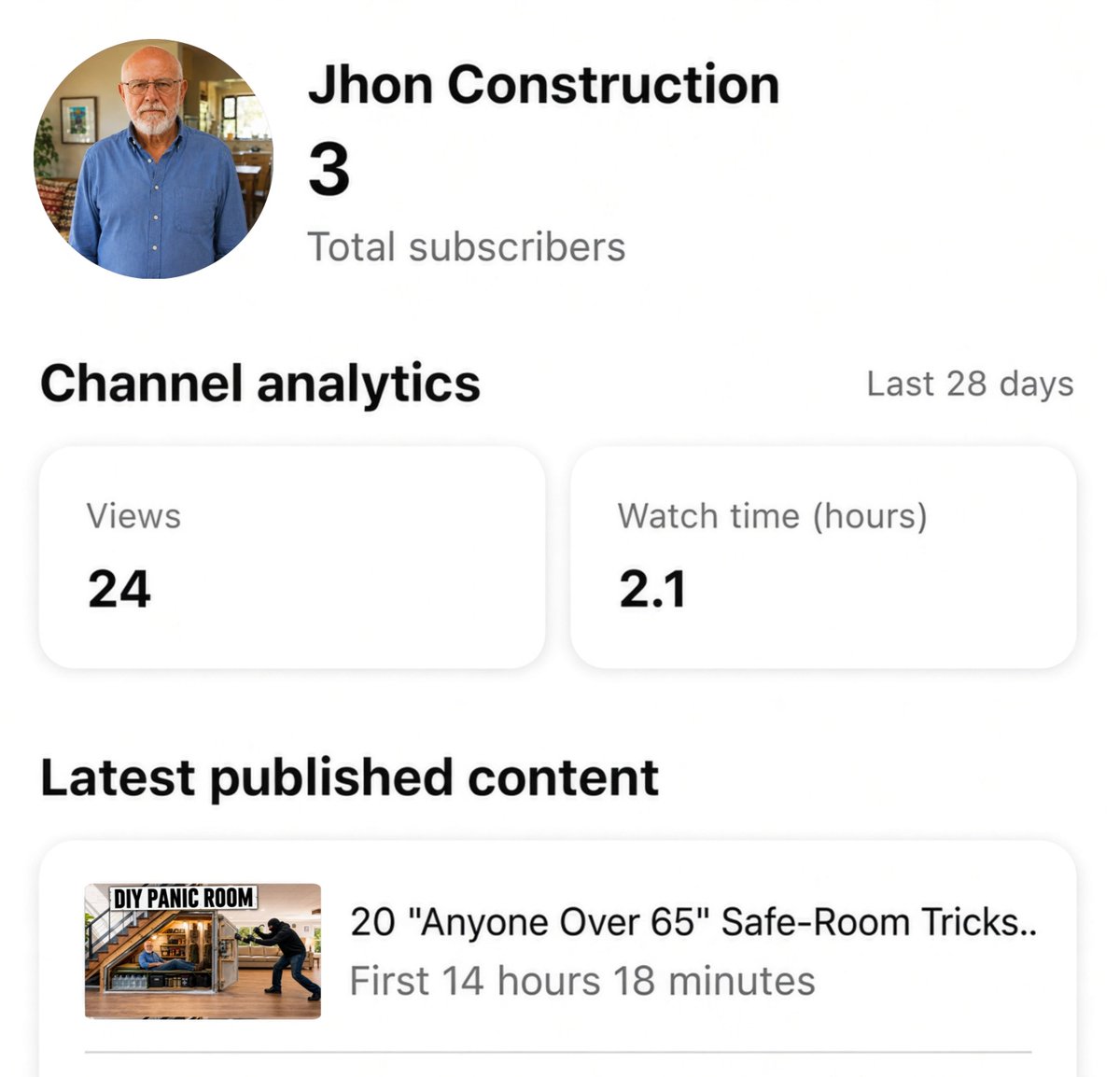 viewswithzach's tweet photo. I wanted to see how fast I could grow a brand new AI avatar YouTube channel from 0 to $1,000.

Channel: Jhon Construction. Started August 8.

Monetized in 16 days.

Bookmark this. I'll explain exactly how you can replicate it ↓ https://t.co/Rb2YAeR93w